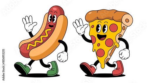 Classic retro cartoon hot dog and pizza slice characters walking together in a fun style