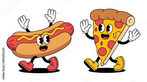 A happy hot dog and pizza slice cartoon characters running together in vintage style