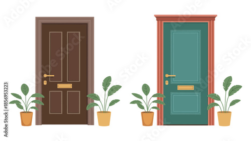 Illustrated brown and teal front doors with potted plants, home entrance