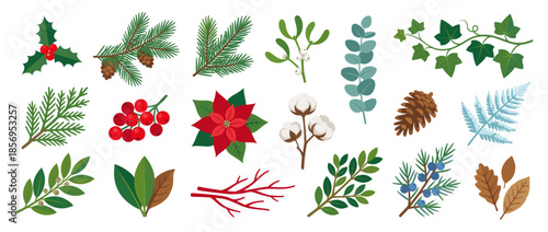 Assorted winter foliage and plant elements including pine, holly, poinsettia, and cotton.