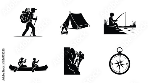 A collection of black and white vector icons representing various outdoor recreational activities including hiking camping fishing canoeing climbing and navigation tools for adventure concepts
