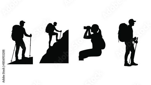 A collection of four distinct black silhouette icons representing hikers backpackers and an explorer using binoculars during outdoor adventure travel
