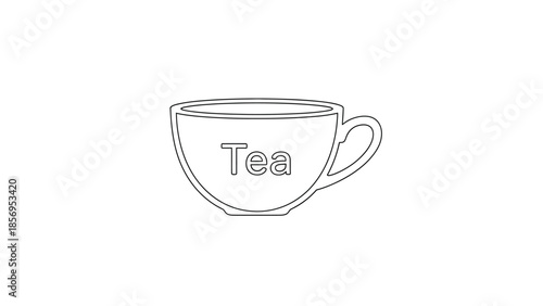 Simple black line art icon depicting a classic teacup with the word tea clearly written across its front surface in a clean style