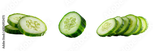 Sliced cucumbers in a row isolated on a transparent background