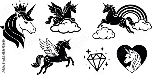 Unicorn and Pegasus mythical creatures vector illustration with crown and rainbow elements 