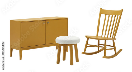 minimalist wooden furniture set including a cubical storage cabinet a round stool and a classic