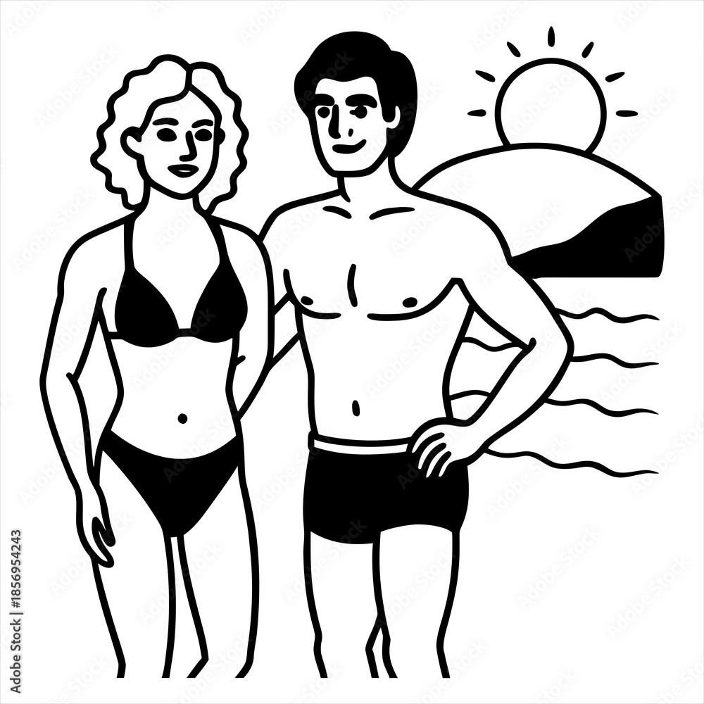 Fototapeta premium Silhouette illustration of a couple posing together on the beach wearing swimsuits