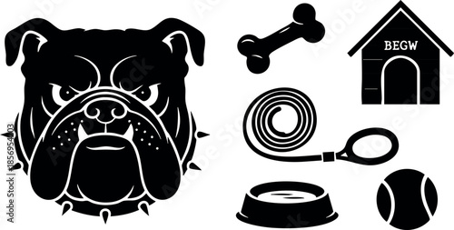 Bulldog face with dog bone leash bowl ball and doghouse vector illustration black and white 