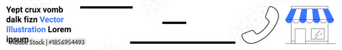 Business communication, contact services, customer support, commerce, telecommunication, marketing strategies. Telephone icon with a text design and a storefront. Business communication