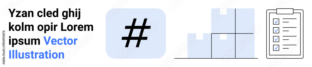 Fototapeta premium metadata tag symbol, stacked boxes, and checklist outline organization, teamwork, logistics, social media, e-commerce, project planning, remote collaboration resource tracking and simple landing