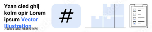 metadata tag symbol, stacked boxes, and checklist outline organization, teamwork, logistics, social media, e-commerce, project planning, remote collaboration resource tracking and simple landing