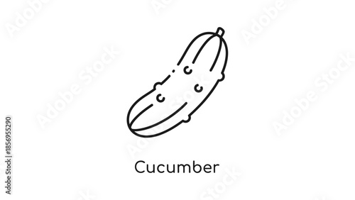 Simple black and white line art icon representing a fresh cucumber vegetable often used in healthy eating plans and salad preparations for diet and nutrition designs