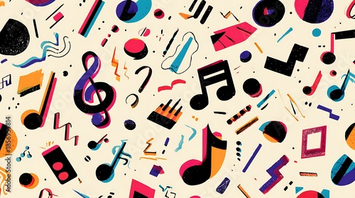 Vibrant cartoon music symbols tumbling on colorful background, creative playful design elements