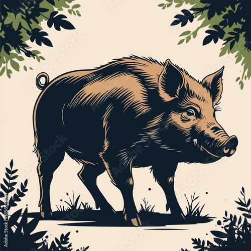 vector image of a wild boar in the forest