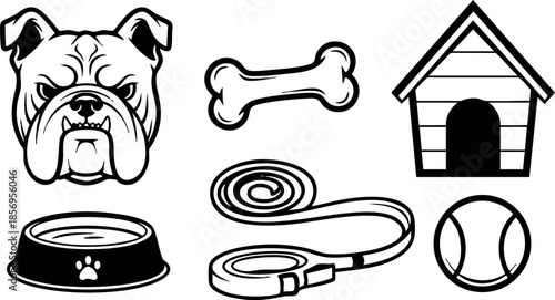 Bulldog dog face dog house bone leash bowl and ball black and white vector illustration 