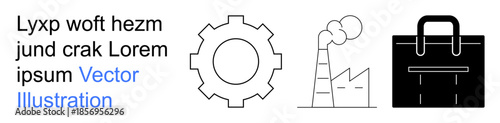 Business strategy, industry, environmental impact, process engineering, workplace management, production. Gear, factory and briefcase symbols. Business strategy and industry concept