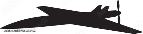 Black silhouette of a propeller airplane with sharp wings and a pointed nose against a white background representing aviation and travel also transparent background