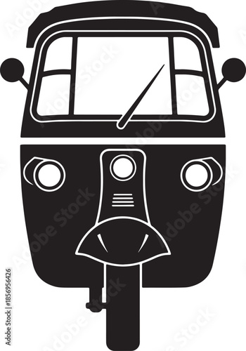 Black silhouette of a three-wheeled auto rickshaw viewed from the front with headlights and windshield details also transparent background