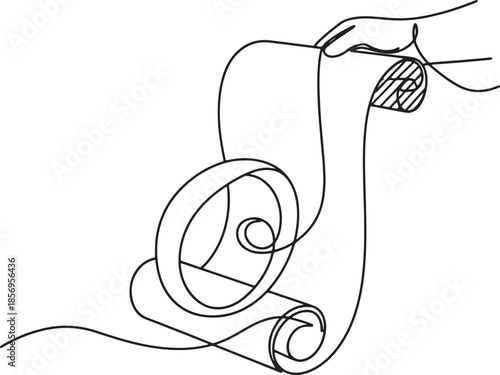 Continuous line of a hand unrolling a long scroll of paper with a rolled section and a circular suggesting a document or message also transparent background