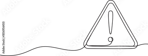 Minimalist single line of a warning triangle with an exclamation mark inside on a white background symbolizing caution and alert also transparent background