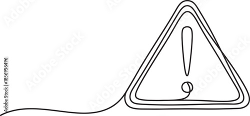 Detailed continuous line of a hazard warning triangle with an exclamation mark, emphasizing safety and potential danger in a minimalist style also transparent background
