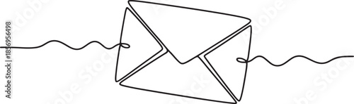 Minimalist continuous line of an envelope with wavy lines on either side representing communication or data transfer also transparent background