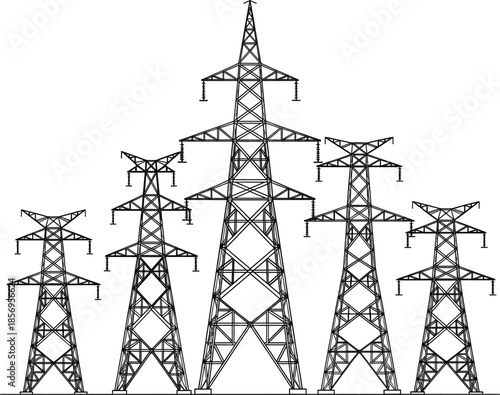 Detailed high angle view of an electric transmission pylon with multiple power cables and steel lattice structure isolated.