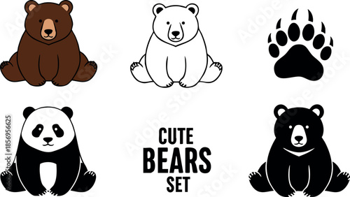 Cute bears set with brown, polar, panda, and black bear illustrations vector collection 