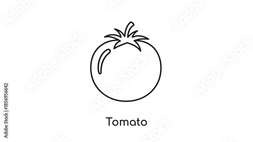 Simple black and white line art icon graphic representing a fresh ripe tomato with its stem and leaves drawn clearly against a bright white background perfect for dietary or culinary needs