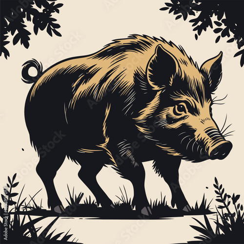 vector image of a wild boar in the forest