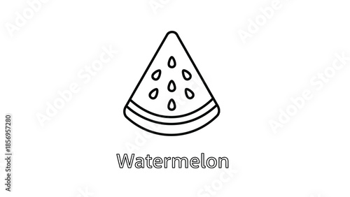 Simple black and white line art icon depicting a refreshing slice of watermelon featuring distinct seeds and rind details perfect for coloring book pages or educational material outlines
