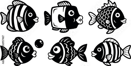 Cartoon style black and white fish vector illustration with six different fish designs 