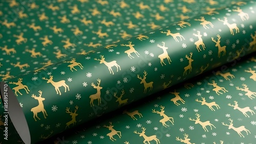 Roll of decorative wrapping paper with a pattern of golden reindeer and snowflakes against a green backdrop