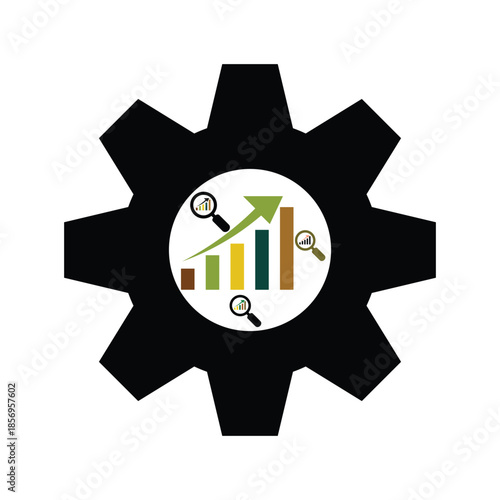 business growth analytics gear icon with upward arrow and magnifying glass vector illustration for strategy and analysis