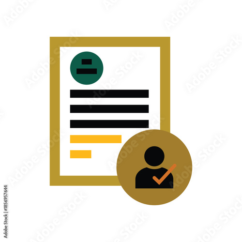 Verified user profile document icon with check mark and avatar illustration for identity validation and hiring concepts