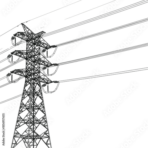 Electrical engineering design element showing a metallic transmission mast and high tension wires for modern power grid infrastructure.