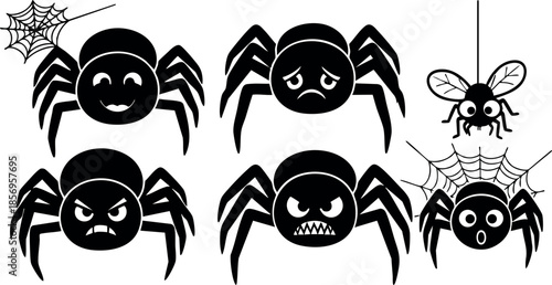 Spider and bee emoticon faces with spiderweb vector illustration in black and white 