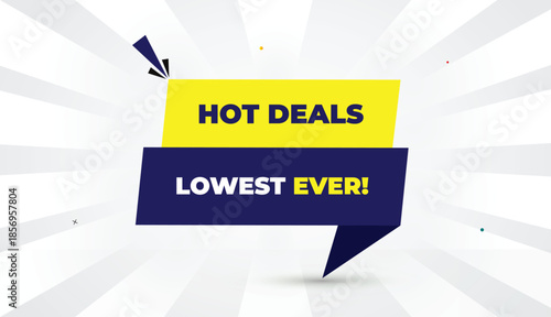 hot deals lowest ever editable eps format web banner vector art illustration template design deep blue yellow shapes bold font white gray gradient abstract illustration sunshine business background 4k