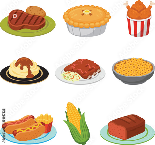 Assorted Food Items Including Steak, Pie, Fried Chicken, Dessert, Rice, Cereal, Hot Dogs, Corn, and Bread