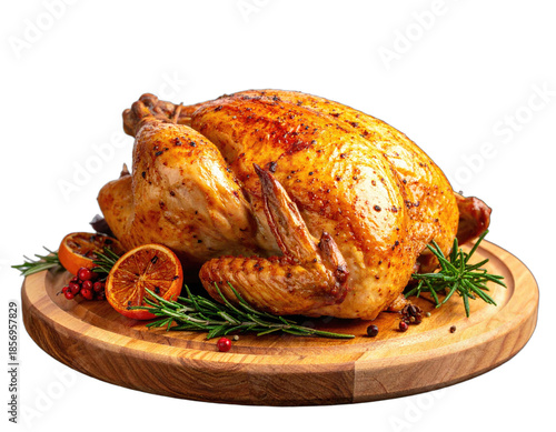 A perfectly roasted bird on a wooden platter, garnished with herbs and citrus slices