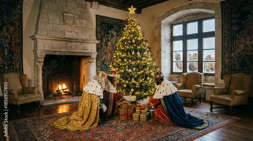 The Three Wise Men leaving gifts under a Christmas tree next to a lit fireplace