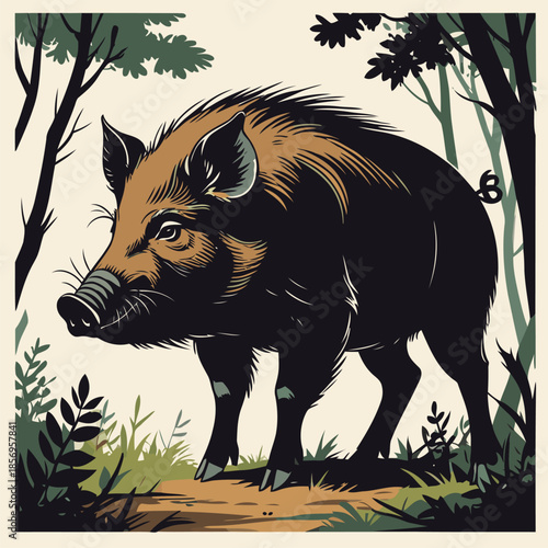 vector image of a wild boar in the forest