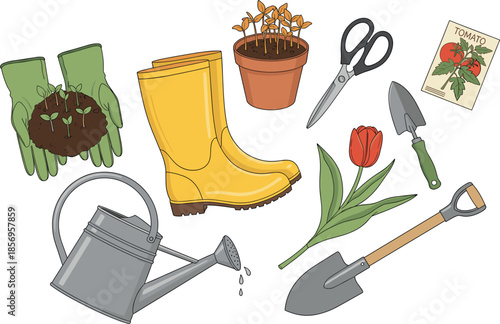 Essential gardening equipment set featuring yellow rubber boots metal watering can garden gloves tulip flower tomato seeds shovel scissors and seedlings in a pot.