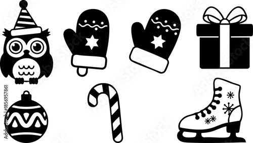 Winter holiday icons set with owl, mittens, gift box, bauble, candy cane, and ice skate vector 