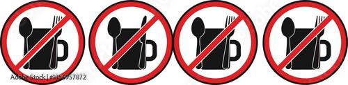 Set of four circular red prohibitory signs with black icons indicating no eating or drinking including spoon fork knife and mug symbols.