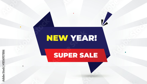 new year super sale web banner template design vector art illustration editable eps format deep blue red gradient shapes yellow bold font white gray abstract sun shine business background 4k illustrat