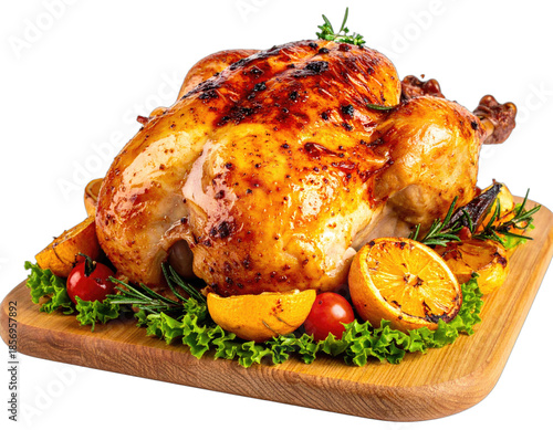 A golden-brown whole roasted fowl with garnishes, on a wooden cutting board, isolated