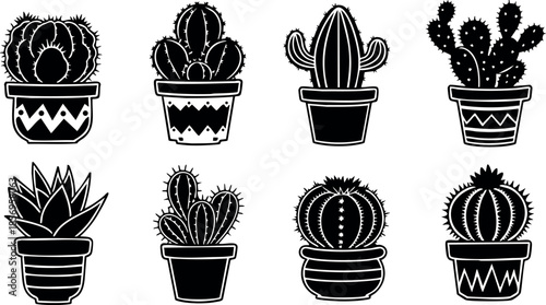 Black silhouette cactus plants in pots vector illustration set for design and decoration 