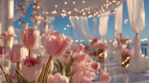   A bouquet of pink tulips sits atop a white table, illuminated by overhead lights