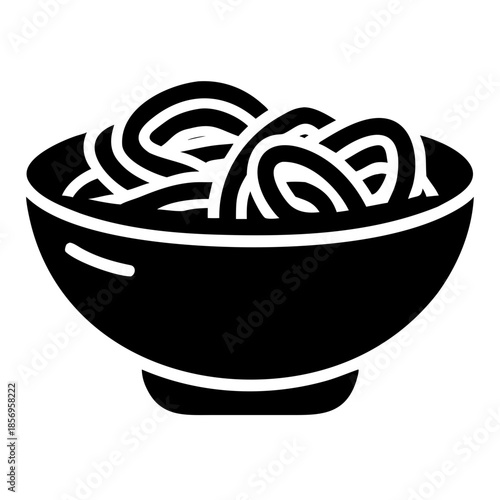 Minimalist graphic shows bowl of fried noodles, perfect for modern restaurant menus, Asian cuisine. This simple silhouette illustration offers versatile imagery for food delivery, cooking blogs.